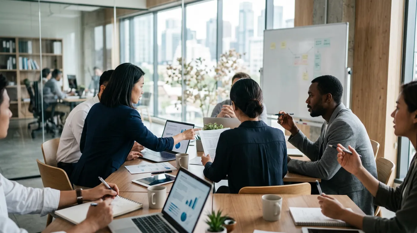 Professional business meeting or collaboration scene in modern office setting with team discussion, inclusive diverse environment, natural daylight, focused and engaged conversation, photorealistic, p