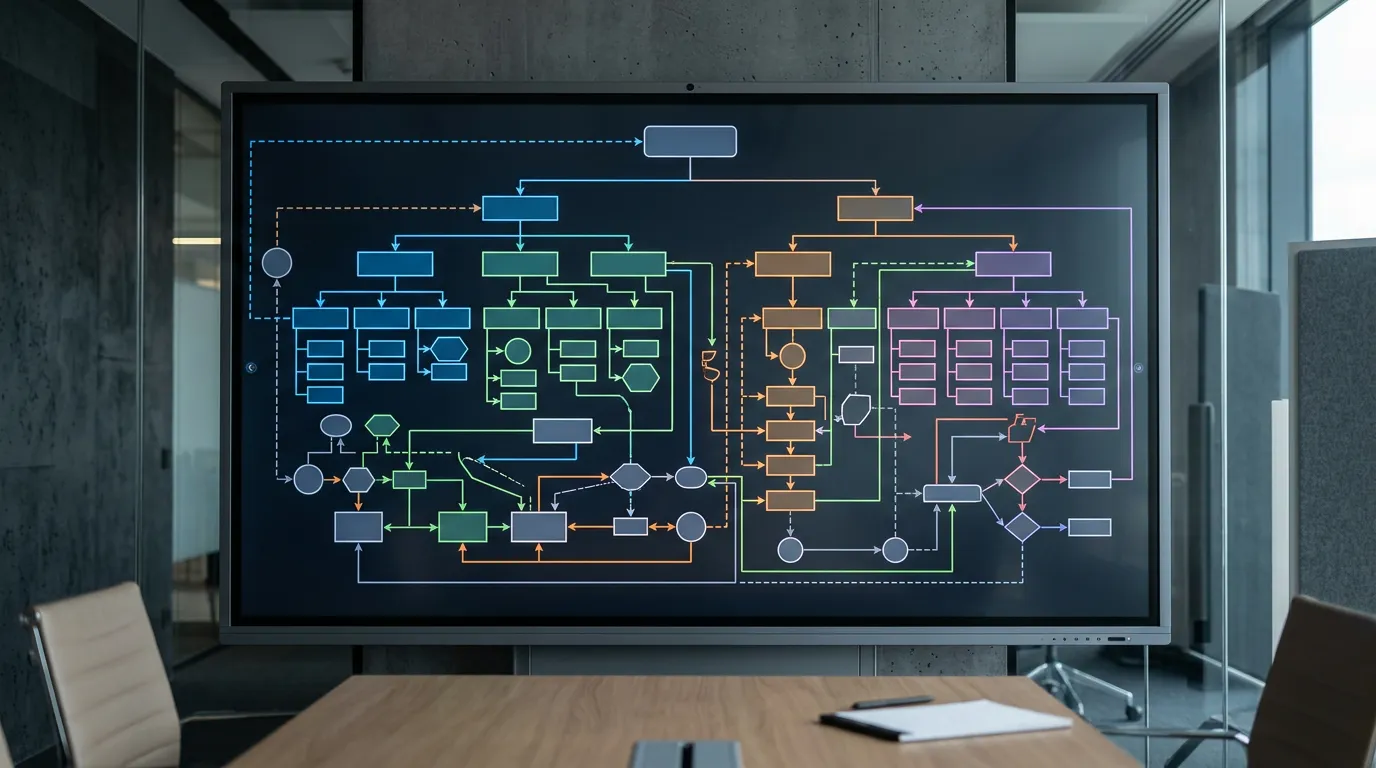 Organizational chart or workflow diagram on whiteboard or digital display, showing structure and connections, business consulting environment