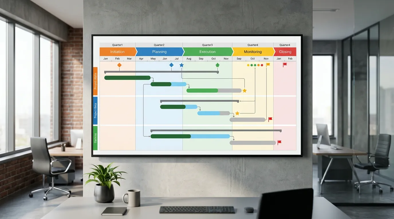 Project management dashboard or timeline board showing project phases, milestones, and progress tracking, professional business environment