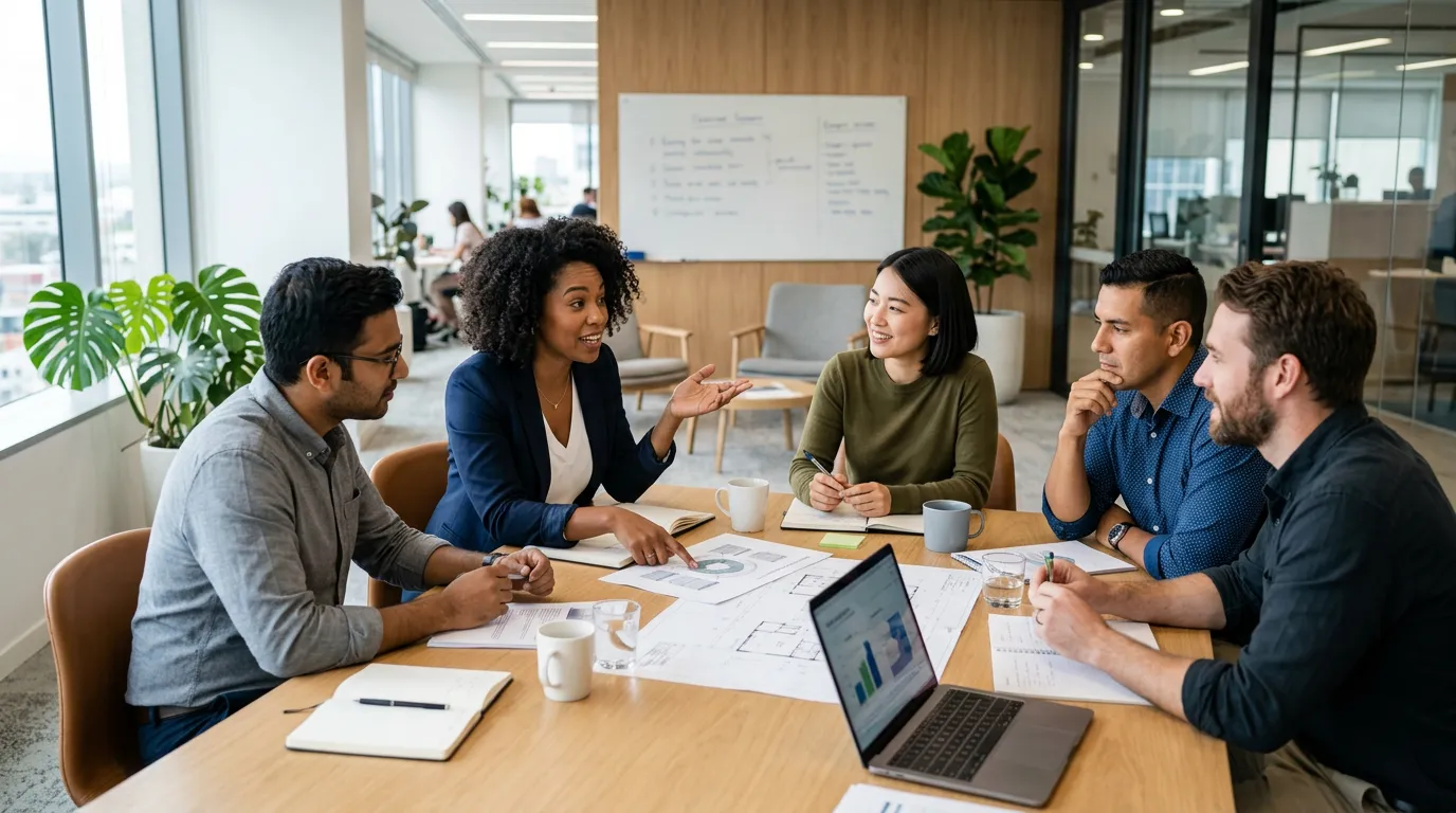 Diverse professional team in collaborative work session, reviewing documents and discussing strategy in modern office setting, natural lighting, engaged discussion