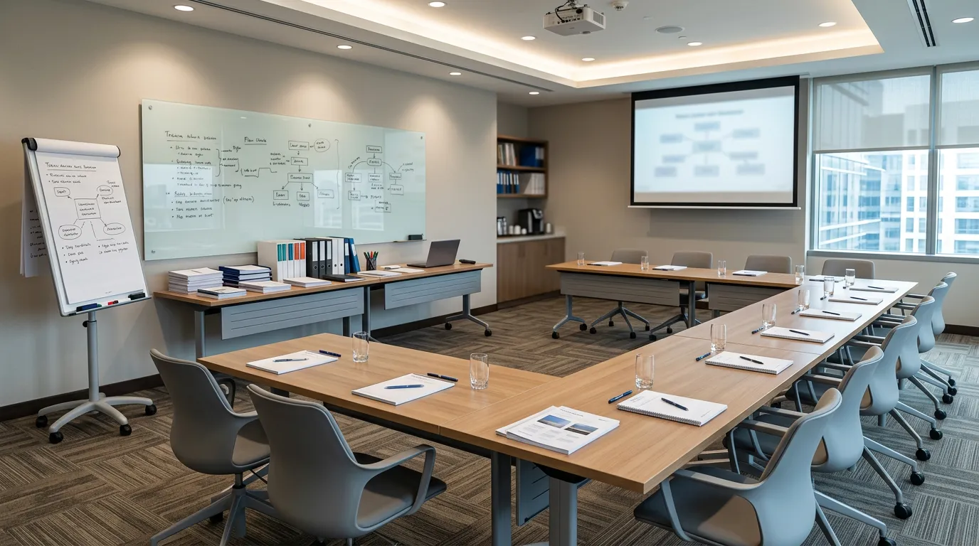 Training and development setup in modern corporate training room with flipchart, whiteboards, and learning materials visible, professional development environment